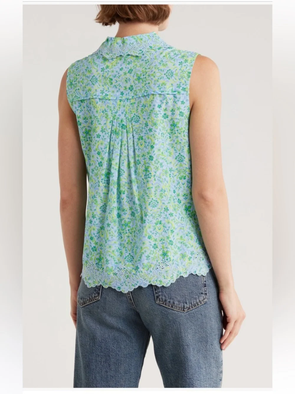 Democracy Light Blue and Green Floral Scallop-Trim Sleeveless Camisole - Picture 2 of 3
